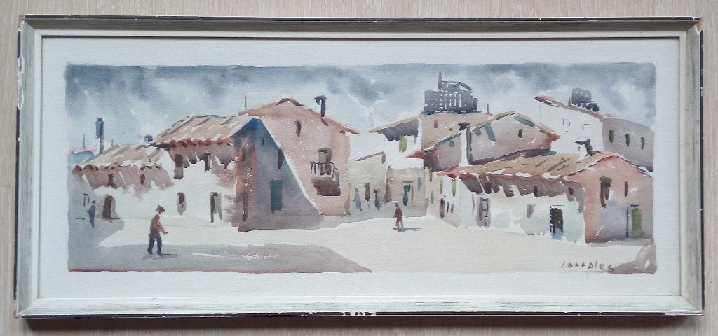 AQUAREL 1950 STRAATSCÈNE ARTURO CARTALES 1902–1958 INGELIJST, Ophalen of Verzenden