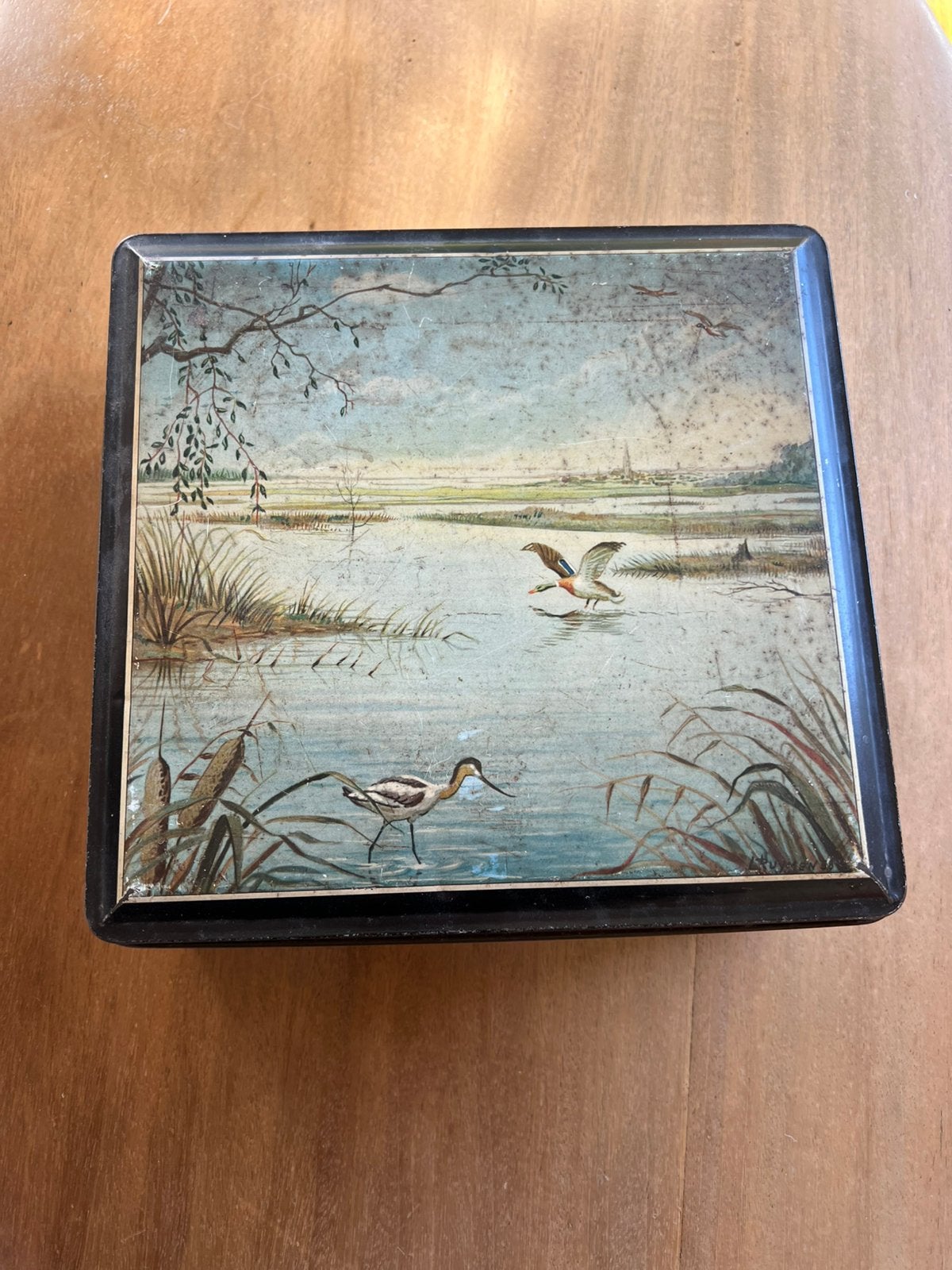 Vintage Van Melle Blik - Landschap met eenden, Verzamelen, Blikken, Gebruikt, Overige, Ophalen of Verzenden