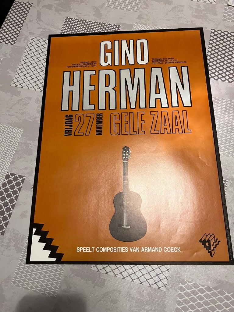 Vintage Poster Gino Herman - Gele Zaal, Verzamelen, Deurposter of groter, Ophalen of Verzenden, Muziek, Rechthoekig Staand