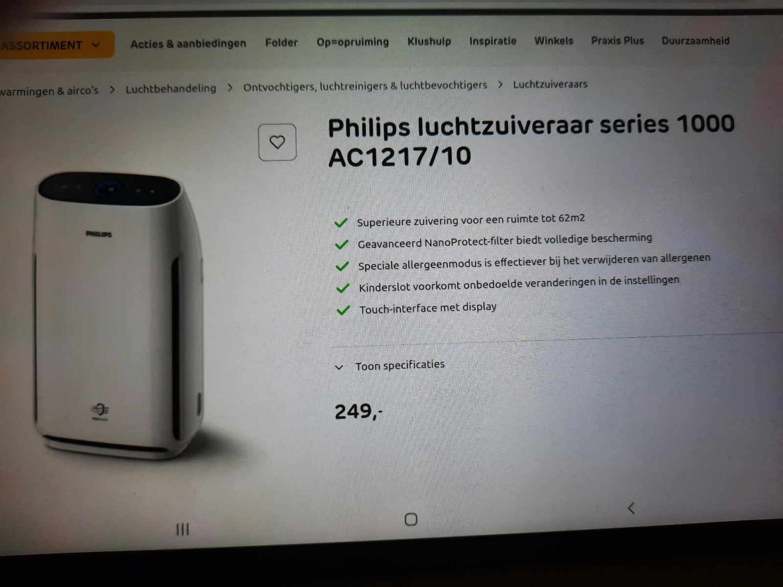 Philips Luchtzuiveraar Series 1000 AC1217/10, Ophalen of Verzenden, Luchtreiniger