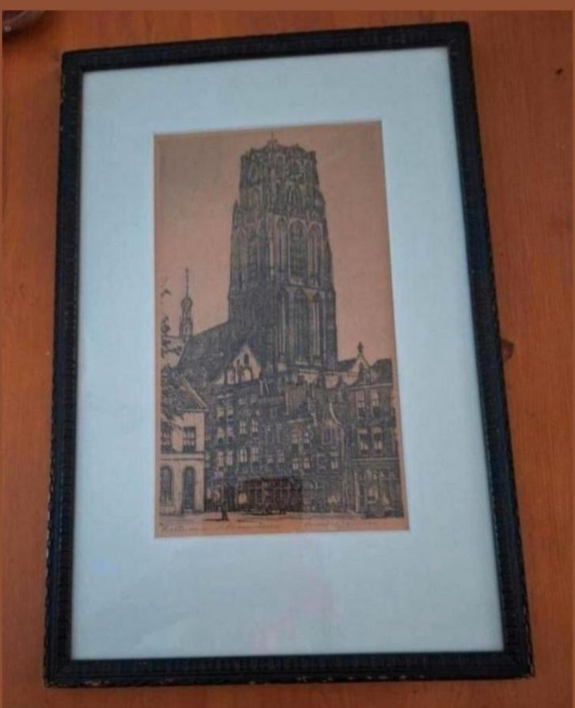 Oude ets van de Laurenskerk in Rotterdam, ingelijst, Ingelijst, Ets, Stadsgezicht, Ophalen of Verzenden