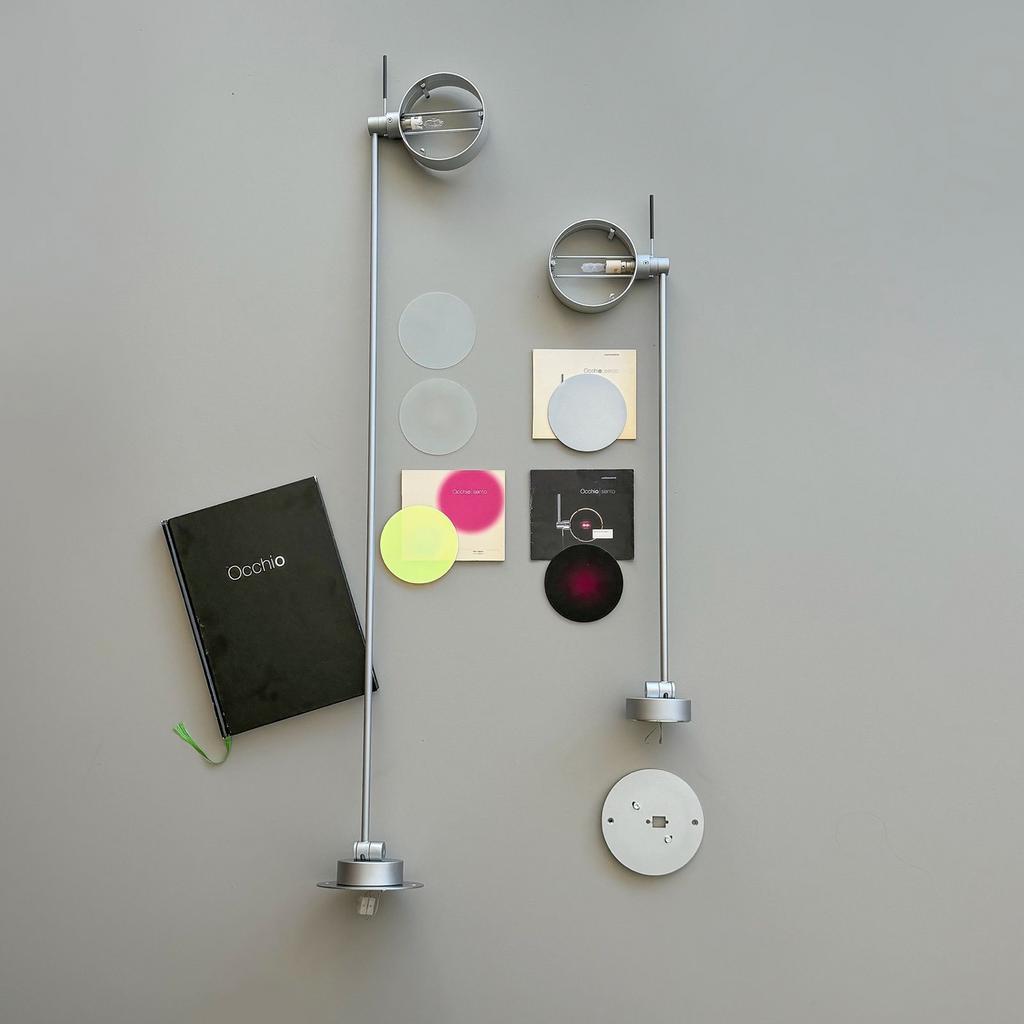 2 Plafondlampen Occhio Sento “mat chroom” met kleurenfilters, Gebruikt, Design, Ophalen of Verzenden, Metaal