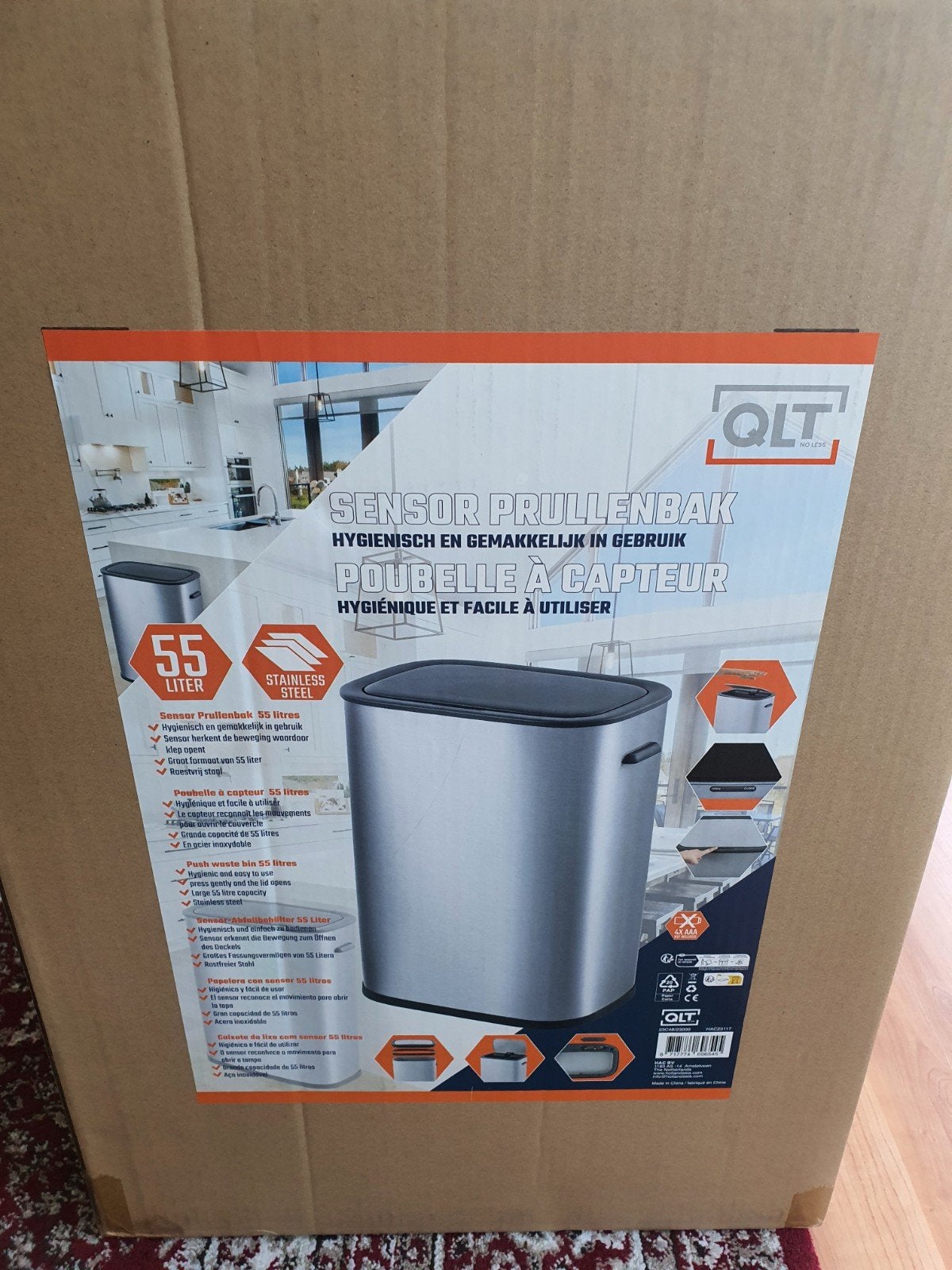 QLT Sensor Prullenbak 55 Liter RVS - Hygiënisch, 40 liter of meer, Ophalen of Verzenden, Nieuw, Rvs