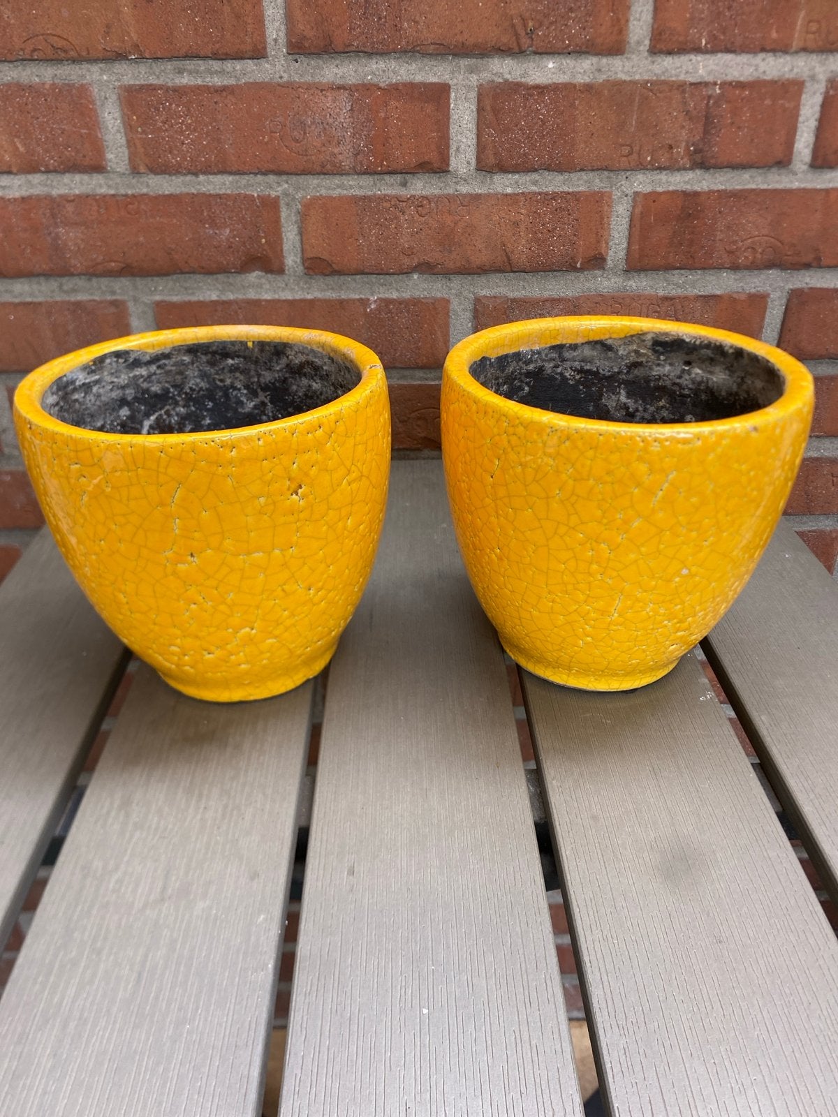 Set van 2 gele bloempotten met craquelé effect, Gebruikt, Rond, Binnen, Ophalen of Verzenden
