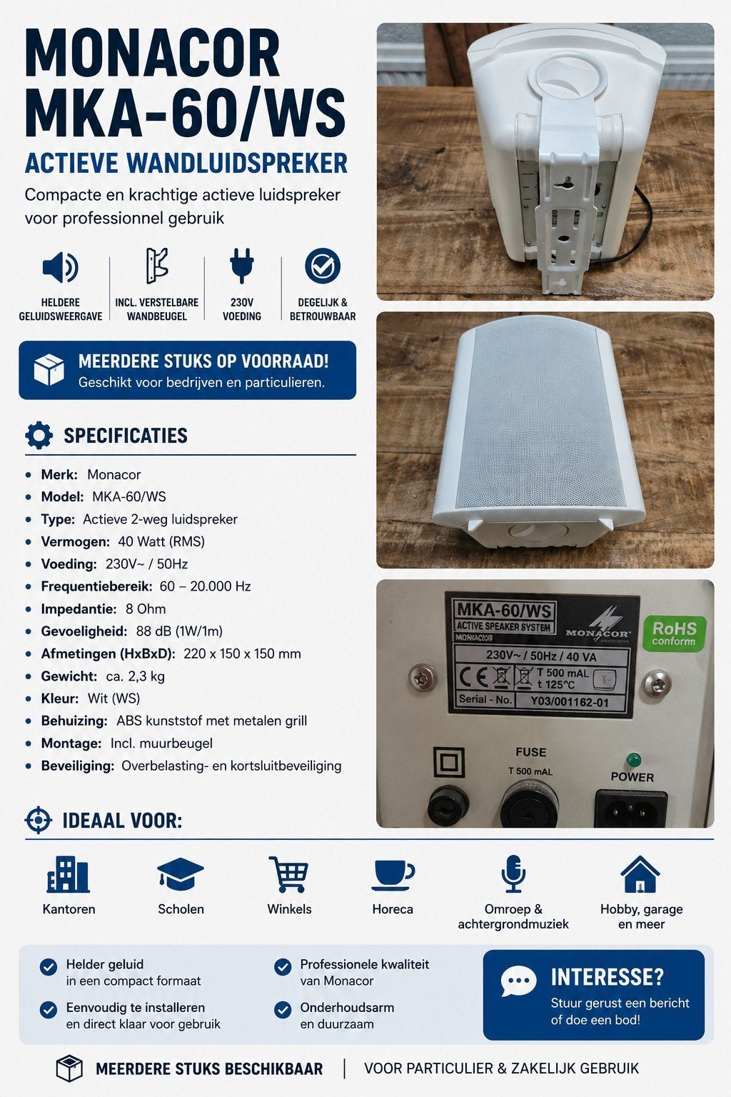🔊Monacor MKA-60/WS Actieve Wandluidspreker | Wit | 🔊, Computers en Software, Pc speakers, Refurbished, Overige typen, Ophalen of Verzenden