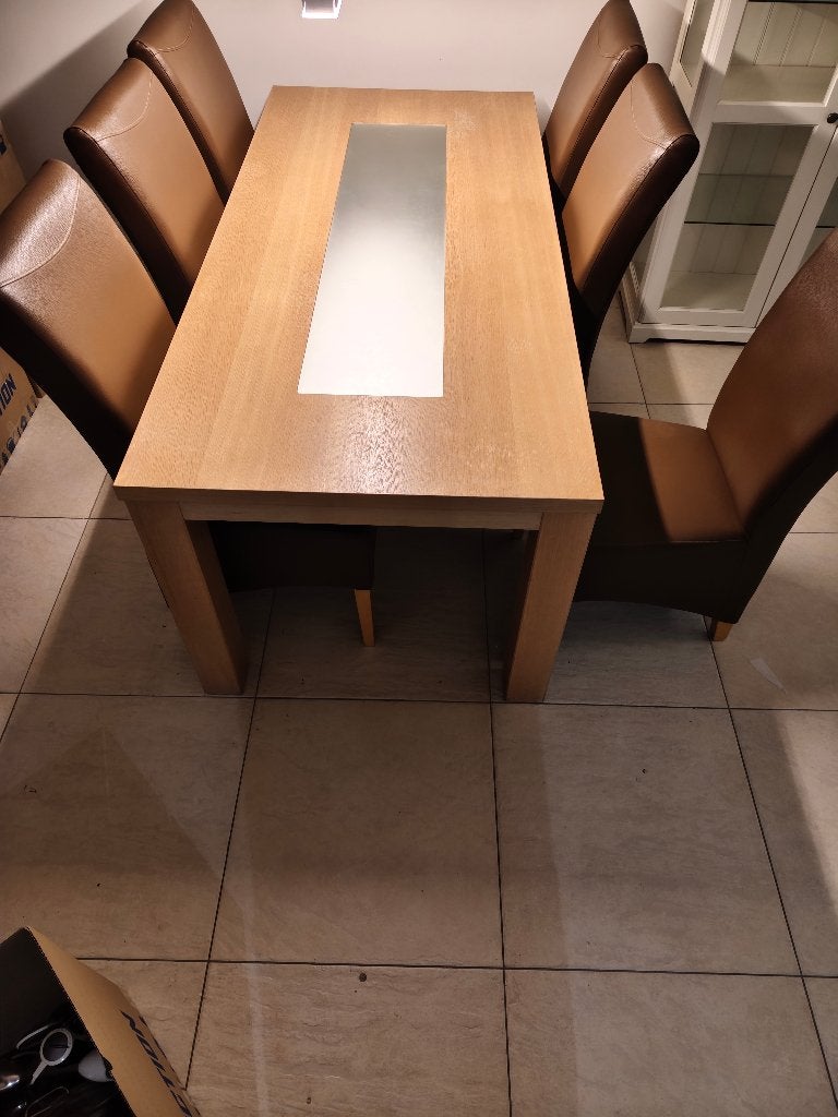 Eettafel + 6 eetkamerstoelen, Ophalen, Gebruikt, Modern en strak, Eikenhout