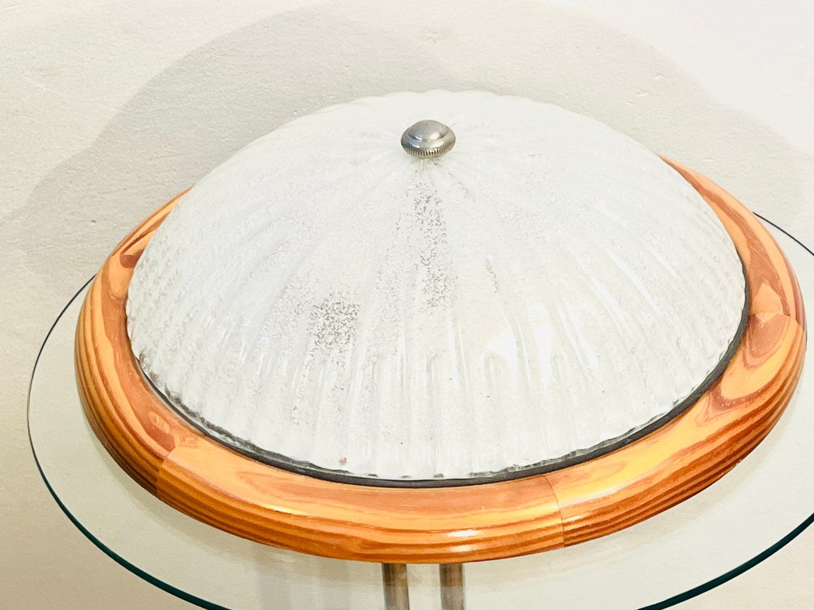 Vintage  plafondlamp jaren 70 | ijsglas en hout |, Ophalen of Verzenden, Zo goed als nieuw, Hout