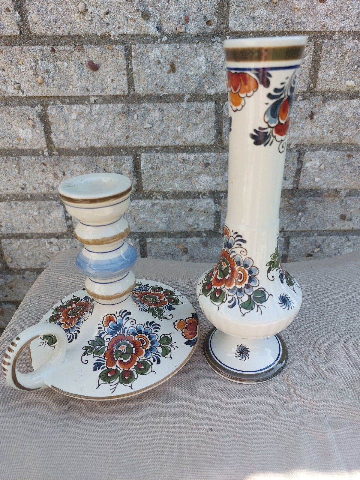Delfts Polychroom Handwerk Vaas en Kandelaar Set, Ophalen of Verzenden