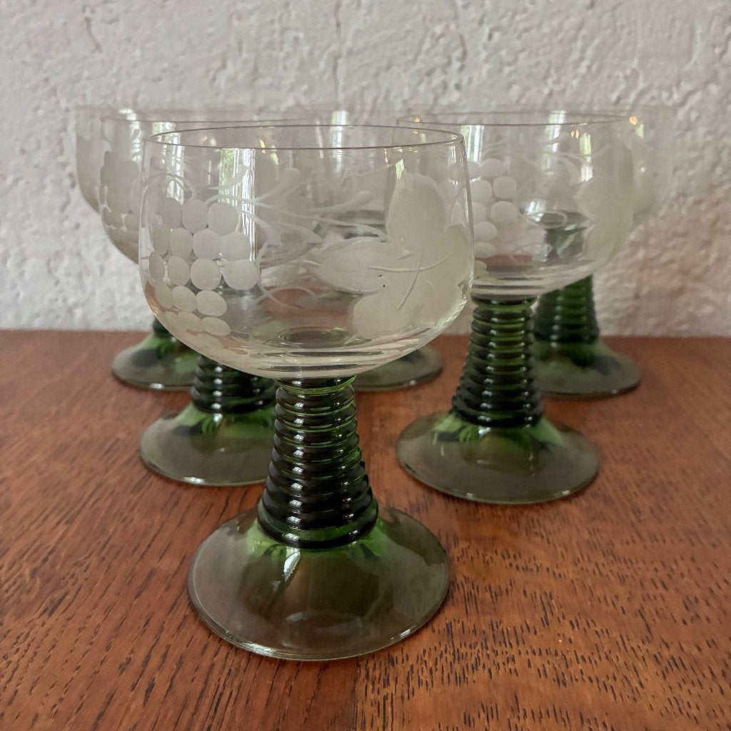 6 Vintage roemer wijnglazen - groene voet, Antiek en Kunst, Ophalen of Verzenden