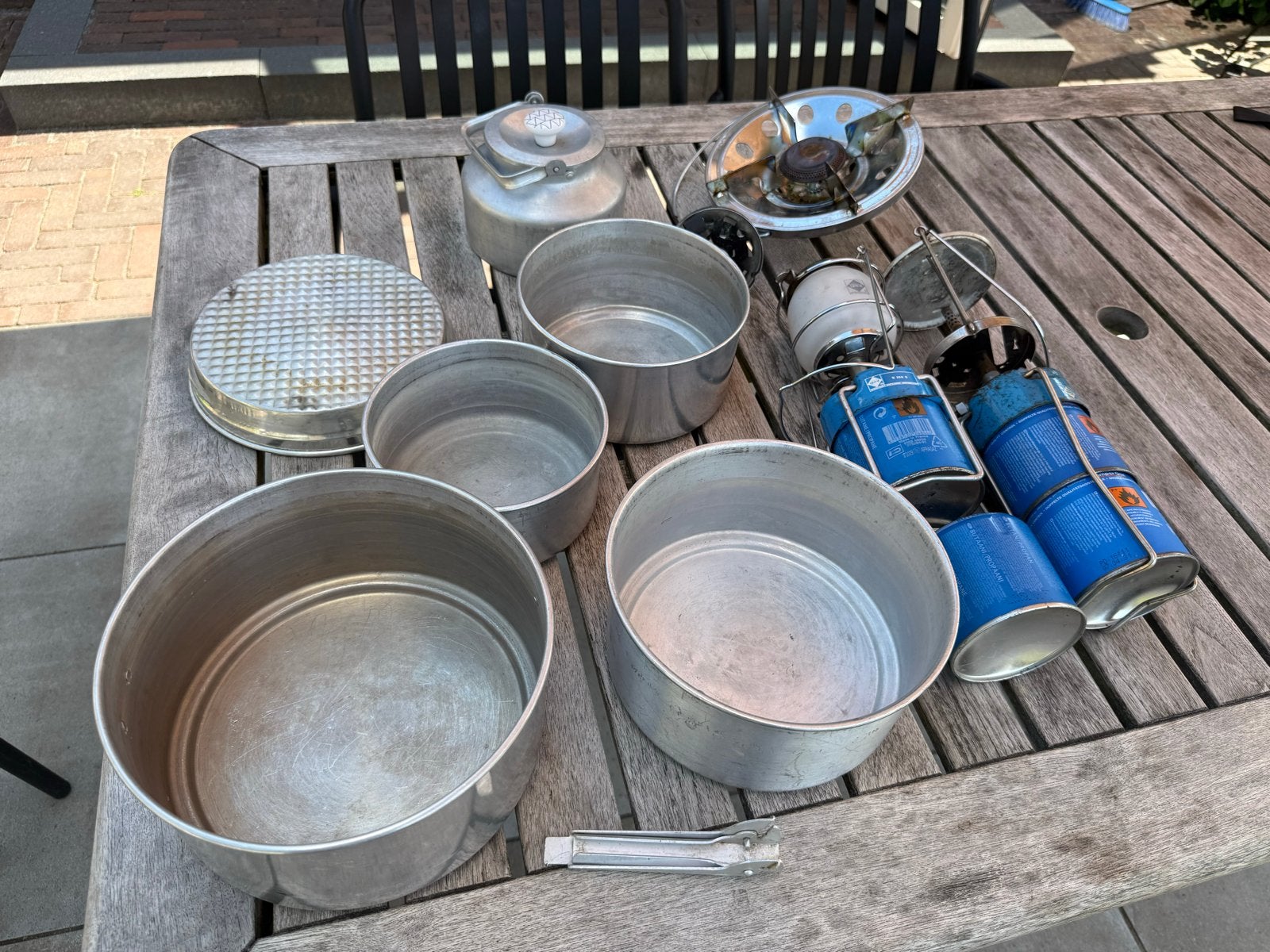 Camping set kookset met gasbranders en pannen en lampen, Ophalen of Verzenden, Gebruikt