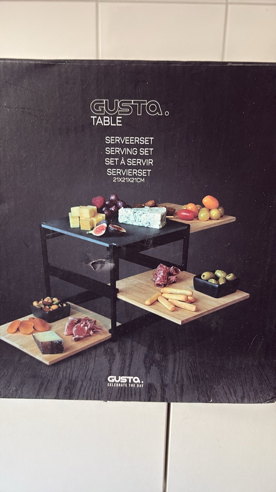 Gusta Serveerset - 3-laags serveerplank 21x21x21cm, Ophalen, Hout, Snij-/serveerplank, Nieuw