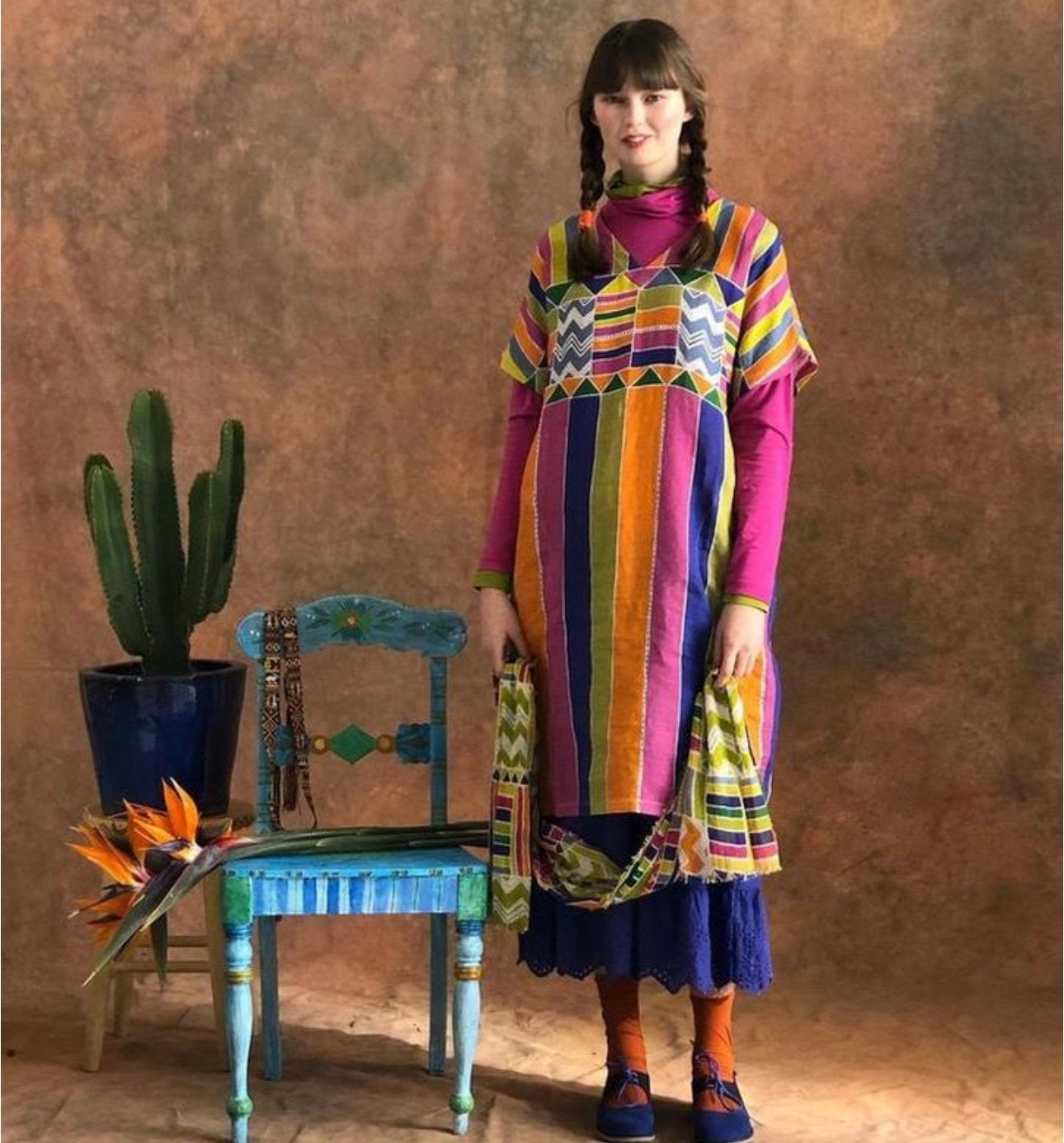GUDRUN SJODEN Linen Colorful Multicolor Dress Ikat Boho Folk, Meerkleurig, Maat 42/44 (L), Ophalen of Verzenden, Zo goed als nieuw