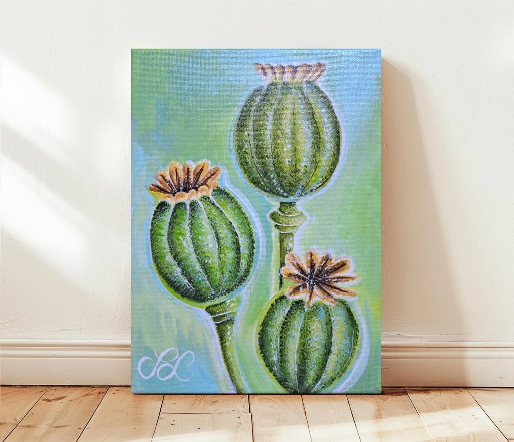 Hand-Painted Poppy Seed Pod Original Art. (18x24 cm), Bloemen, Acrylverf, Expressionistisch, Gesigneerd