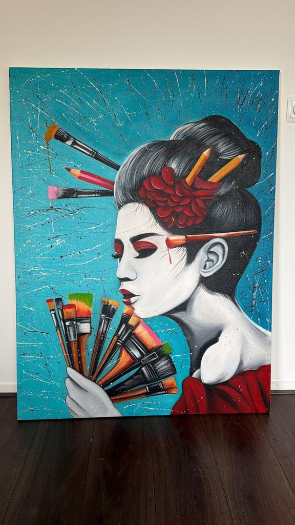 Modern Schilderij: Geisha met Kwasten - Levendige Kunst, Antiek en Kunst, Kunst | Schilderijen | Modern, Ophalen