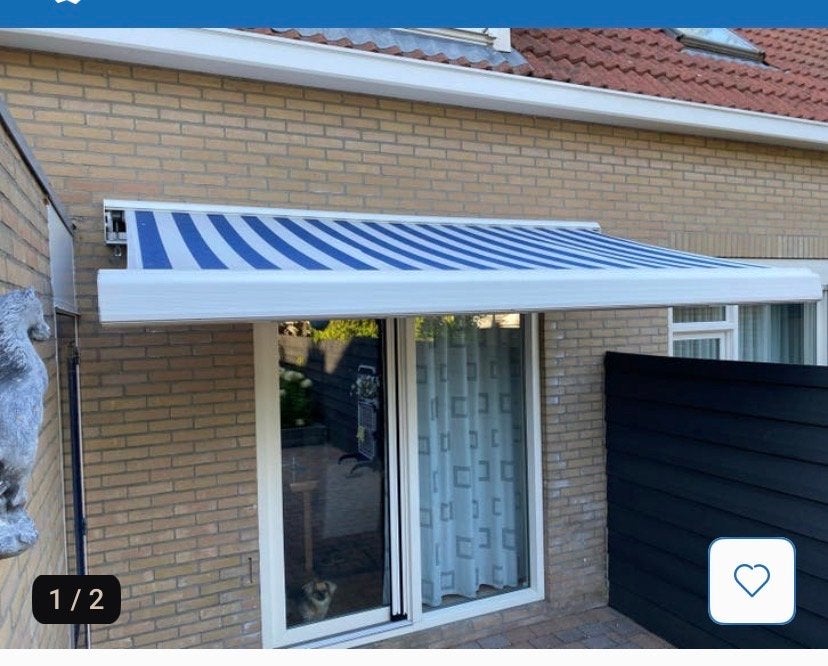 Knikarmscherm 3 meter breed - Blauw/Wit gestreept, Tuin en Terras, Ophalen, Gebruikt, 150 tot 300 cm, 250 cm tot 450 cm