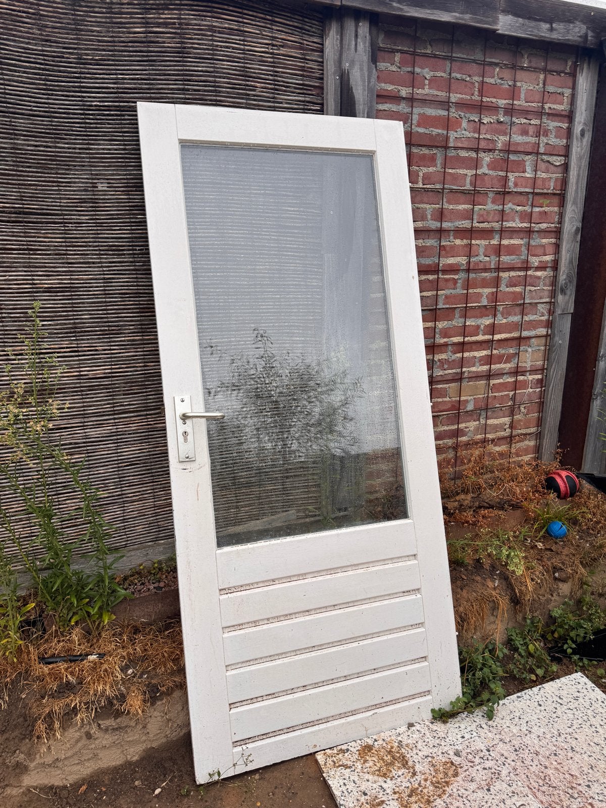 Gebruikte buitendeur met glas en houten panelen, Ophalen, Gebruikt, 80 tot 100 cm, 200 tot 215 cm