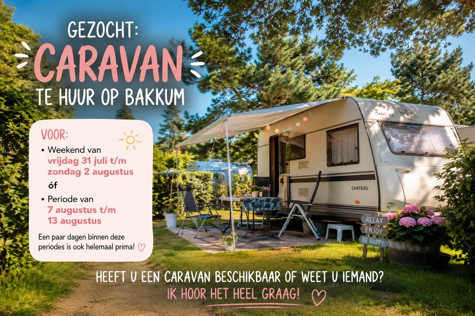 Gezocht: Caravan te huur op Bakkum (juli/augustus), Caravans en Kamperen, Verhuur