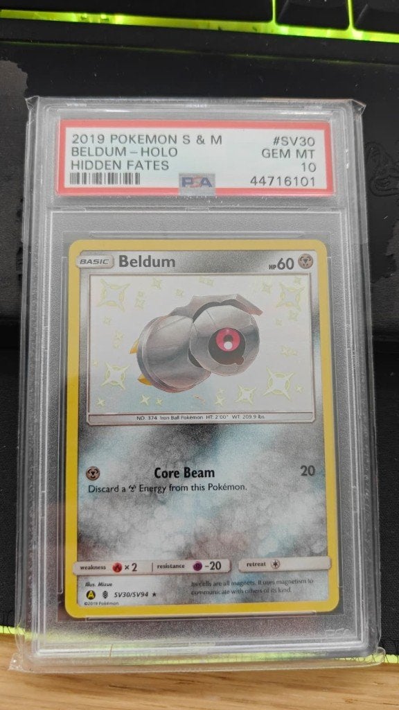 Beldum Holo Hidden Fates PSA 10 Gem Mint Pokémon Kaart, Ophalen of Verzenden, Zo goed als nieuw, Losse kaart, Foil