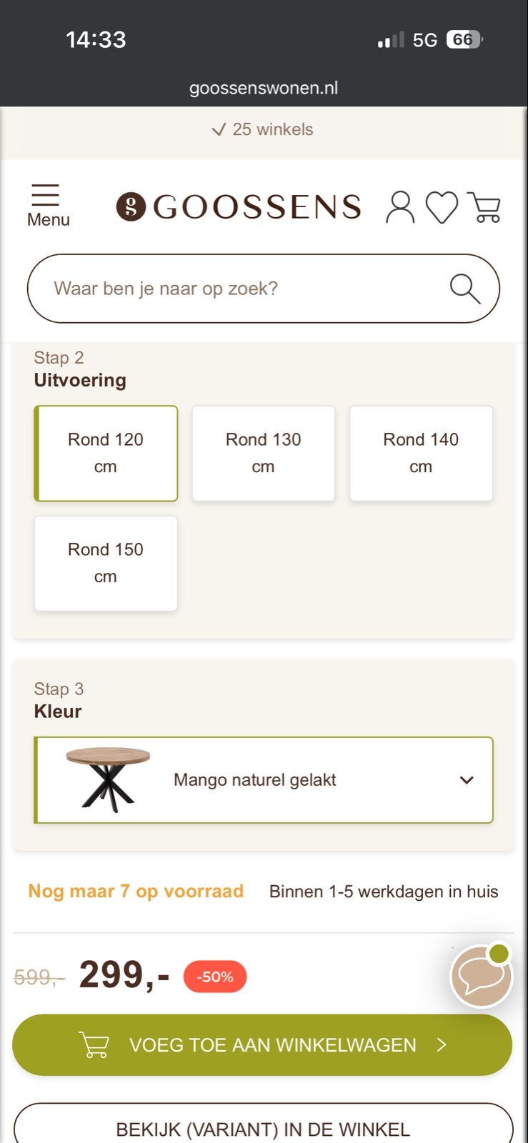 Ronde Eettafel Lecce Mango naturel gelakt 120 cm, Ophalen, 100 tot 150 cm, Rond, Zo goed als nieuw