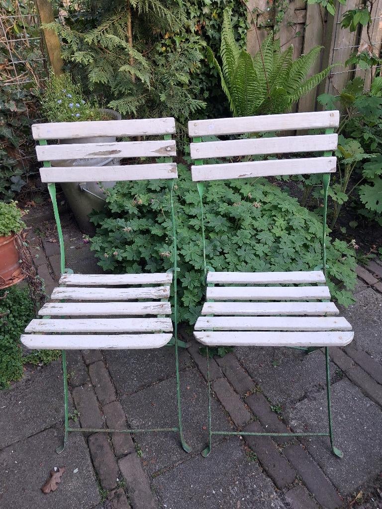 2 Oudfranse bistrostoeltjes, Tuin en Terras, Tuinstoelen, Ophalen, Gebruikt, Metaal, Inklapbaar