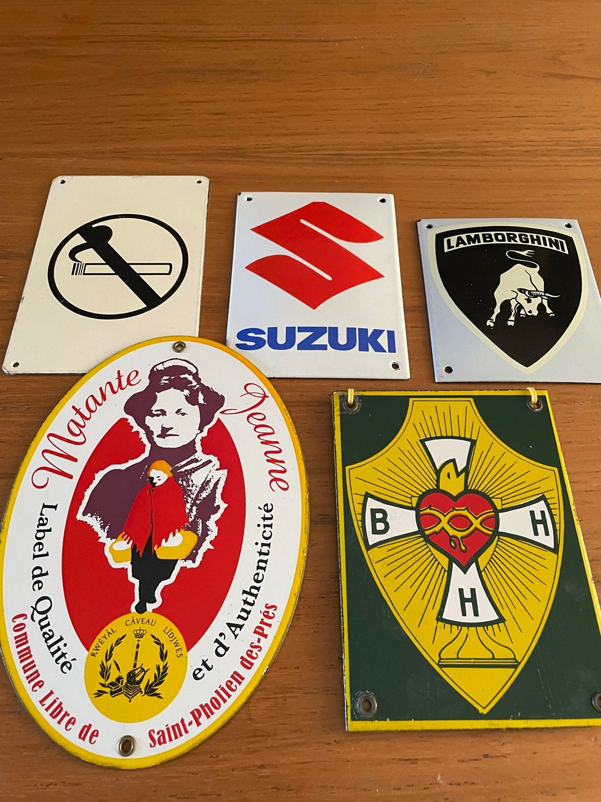 Diverse kleine emaille borden: Lamborghini, Suzuki, Verboden, Ophalen of Verzenden