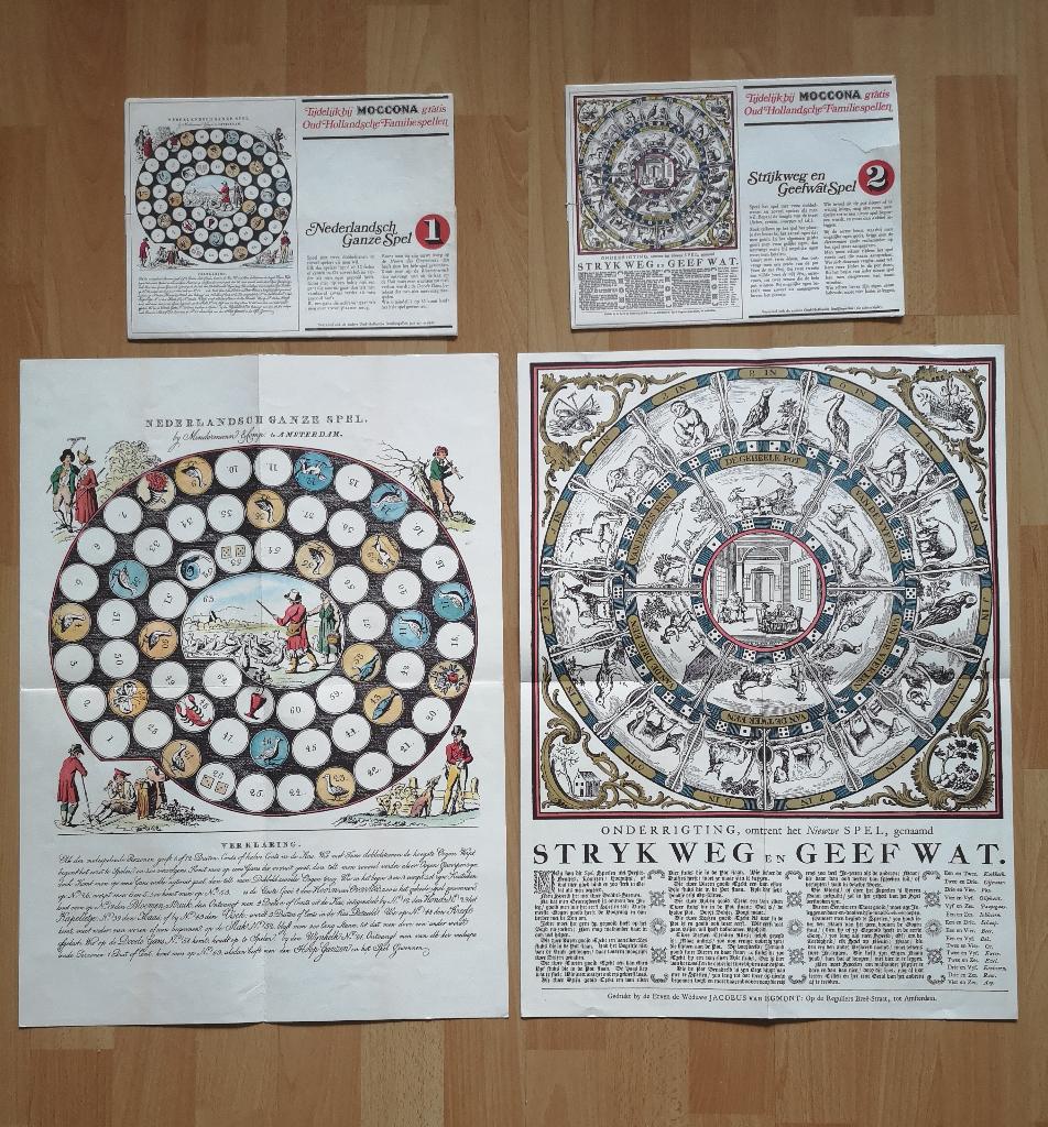4 Oude Ganzenbord spellen van Moccona uit 1972, van papier, Een of twee spelers, Ophalen of Verzenden, Zo goed als nieuw
