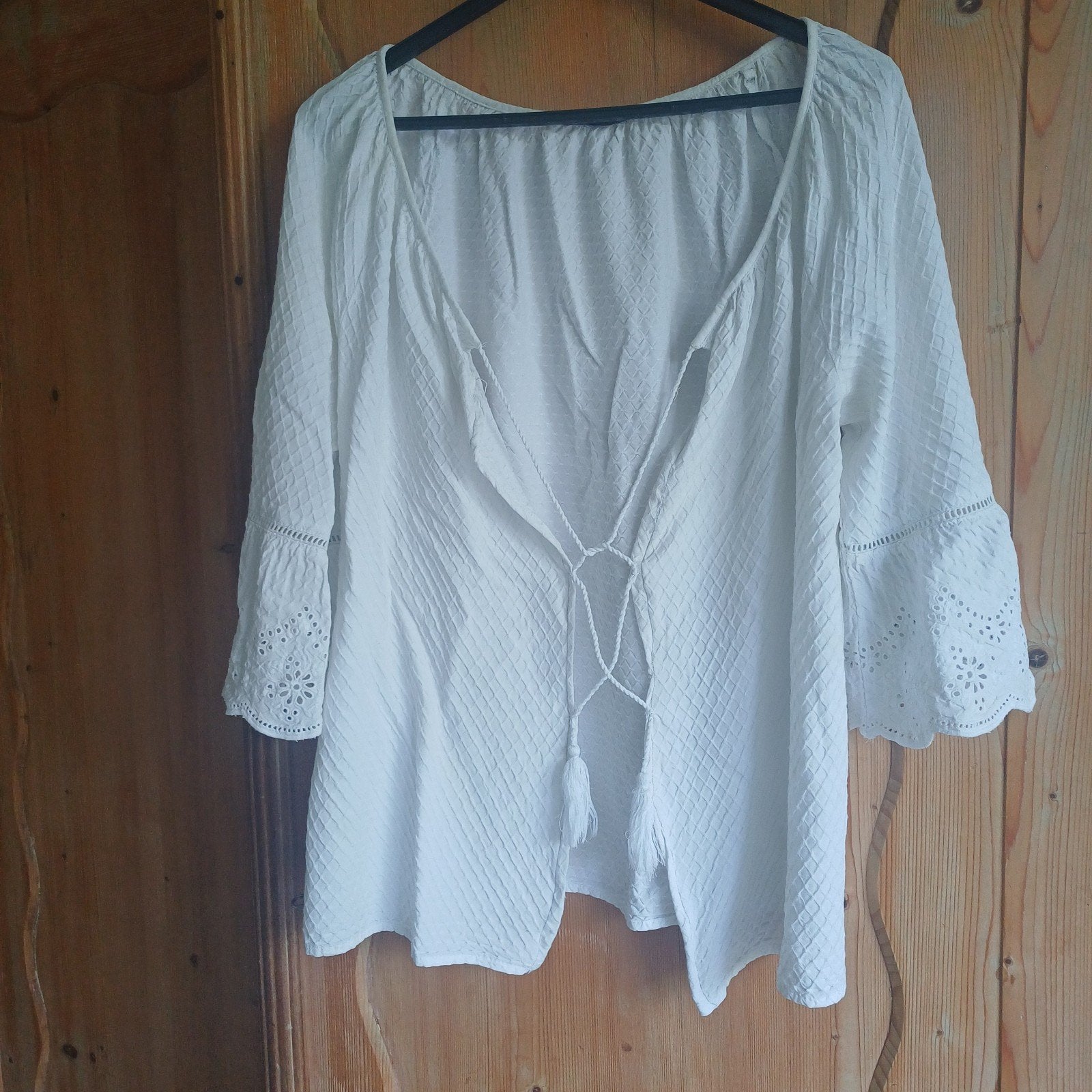 Witte broderie kanten blouse wit zelf gemaakt viscose xl, Ophalen of Verzenden, Zo goed als nieuw, Maat 42/44 (L), Wit
