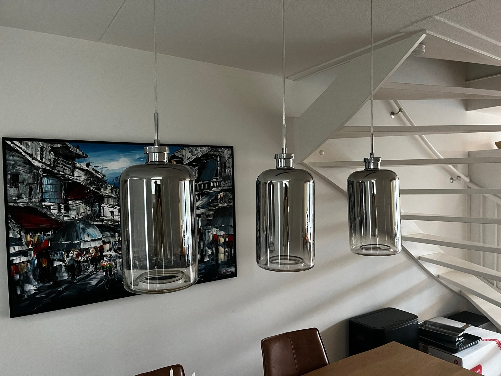 Moderne hanglampen set van 3 met rookglas, Ophalen, Zo goed als nieuw, Glas