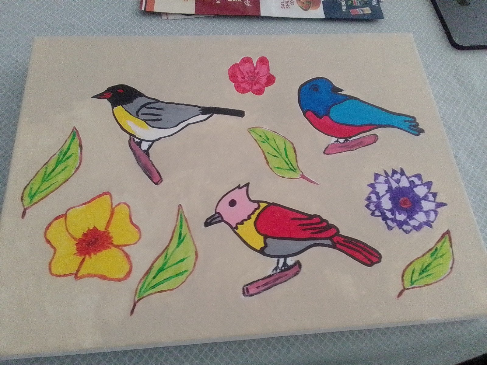 Schilderij met vogels en bloemen - 40x30 cm, Acrylverf, Handgeschilderd, Ophalen of Verzenden, Dieren