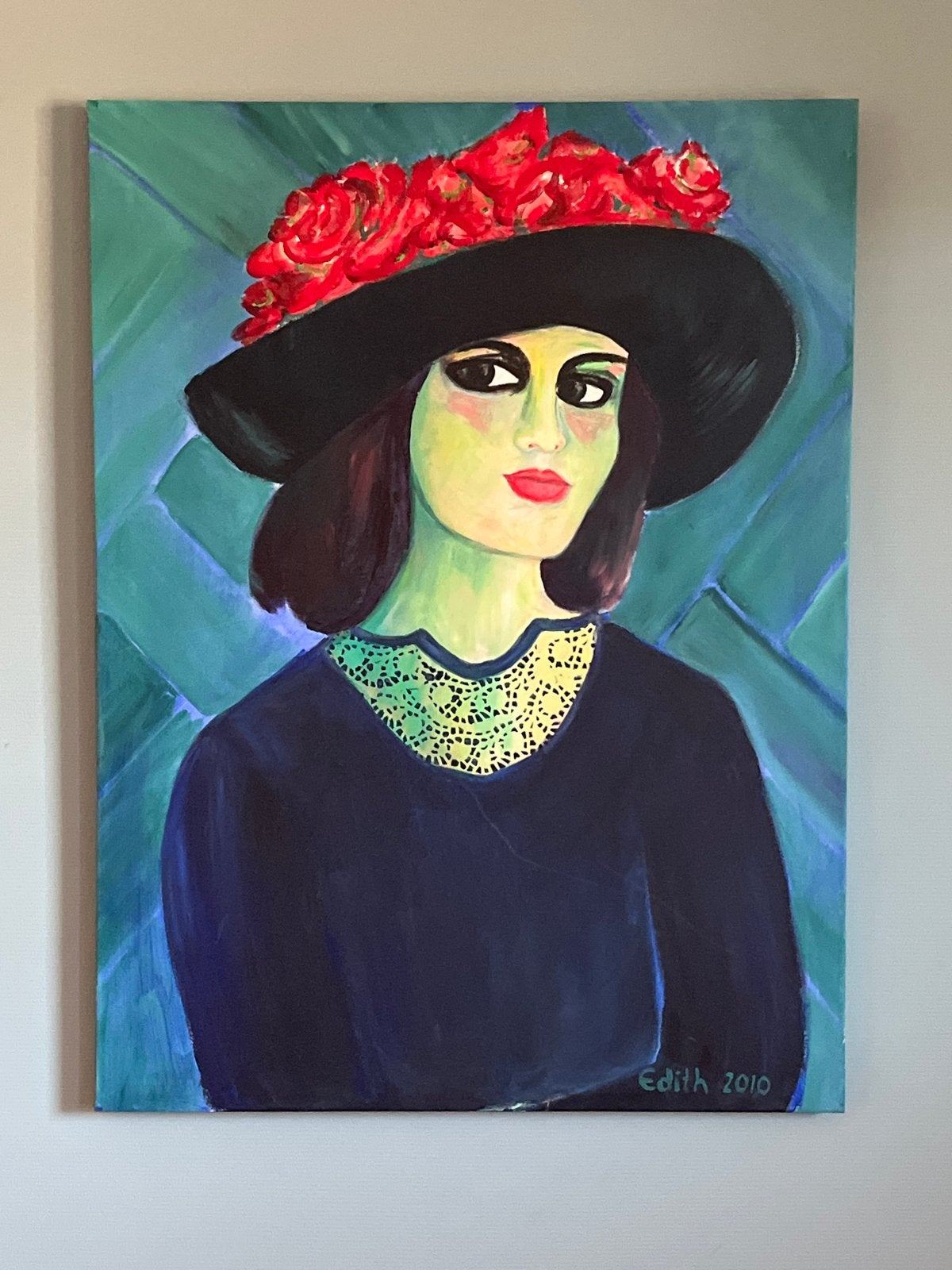 Acryl schilderij 50x70 cm - Vrouw met hoed en rozen, Ophalen, Acrylverf, Handgeschilderd, Portret