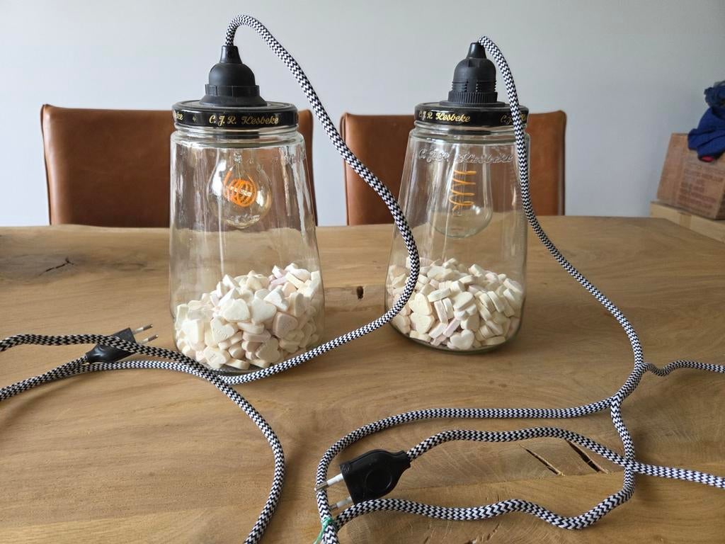 Unieke Set: 2 Handgemaakte Kesbeke Sfeerlampen (Industrieel/, Huis en Inrichting, Ophalen of Verzenden, Zo goed als nieuw, Glas