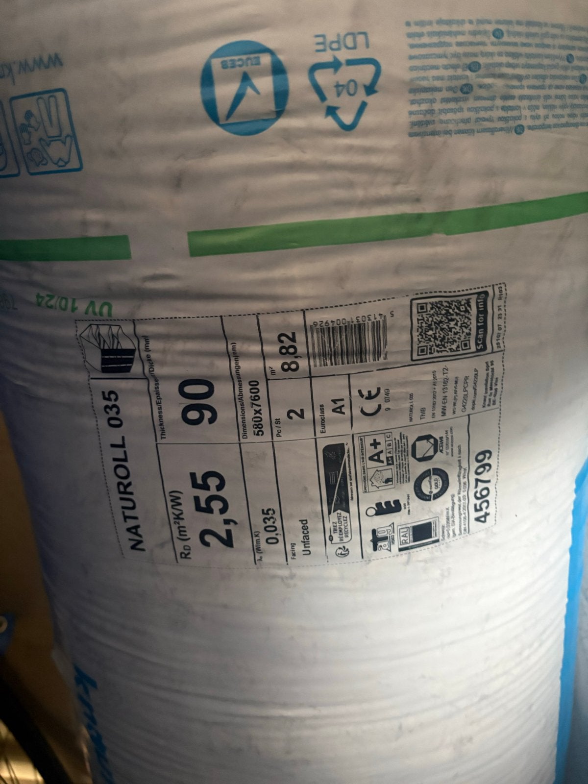 Knauf Naturoll Glaswol isolatie 90mm, Ophalen, 10 tot 15 m², Nieuw, Vloerisolatie