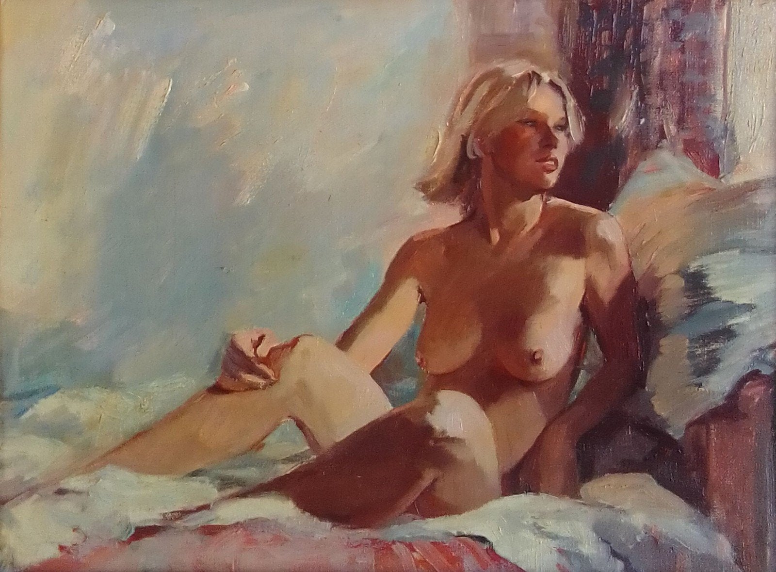 MOOI NAAKT MEISJE ZIT OP BED>BLOND>BLOOT>STIJL HARRY MAAS, Ophalen of Verzenden, Handgeschilderd, Olieverf, Portret of Personen