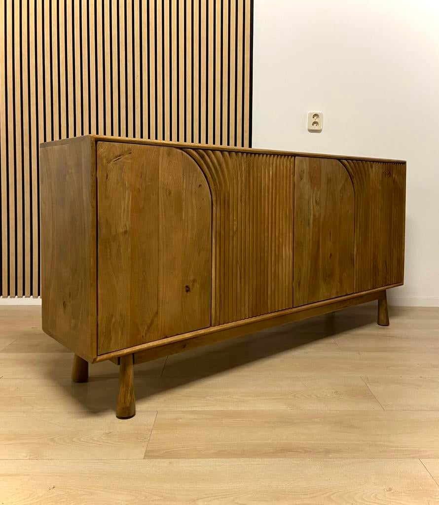 Japandi vintage massief houten dressoir kast salontafel set, Ophalen, Nieuw, Japandi vintage retro sjiek uniek wandkast ronde salontafels