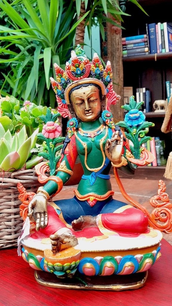 GROENE TARA KUNSTWERK BRONS NEPAL 33 CM, Nieuw, 33 cm, Ophalen of Verzenden, Meerkleurig