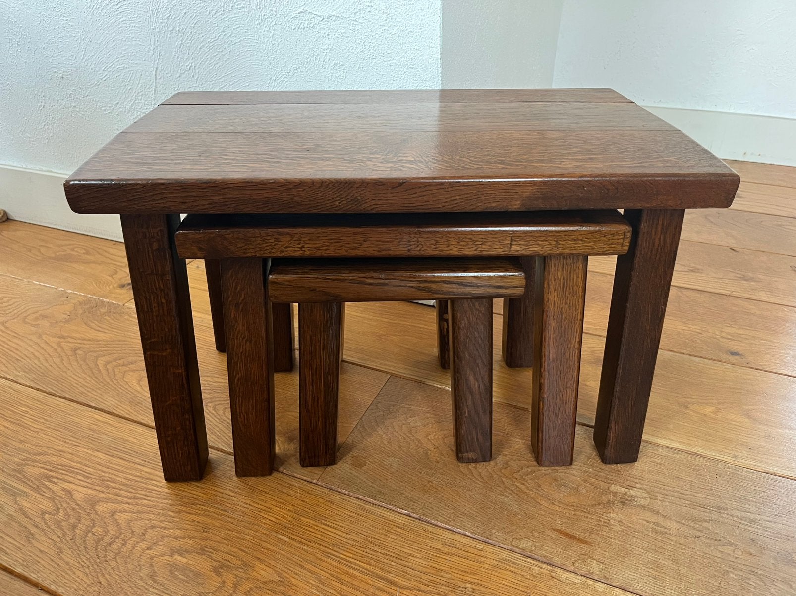 3 vintage eiken nesting brutalist bijzettafels, Ophalen, Minder dan 45 cm, Minder dan 55 cm, Brutalist