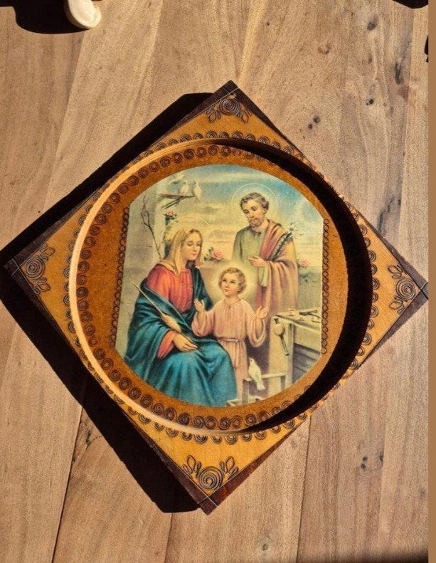 Vintage Wandplaquette Heilige Familie - Hout, 30x30 cm, Ophalen of Verzenden