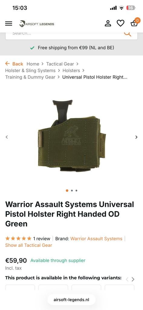 Warrior Assault Systems Holster OD Groen airsoft, Ophalen of Verzenden, Gebruikt
