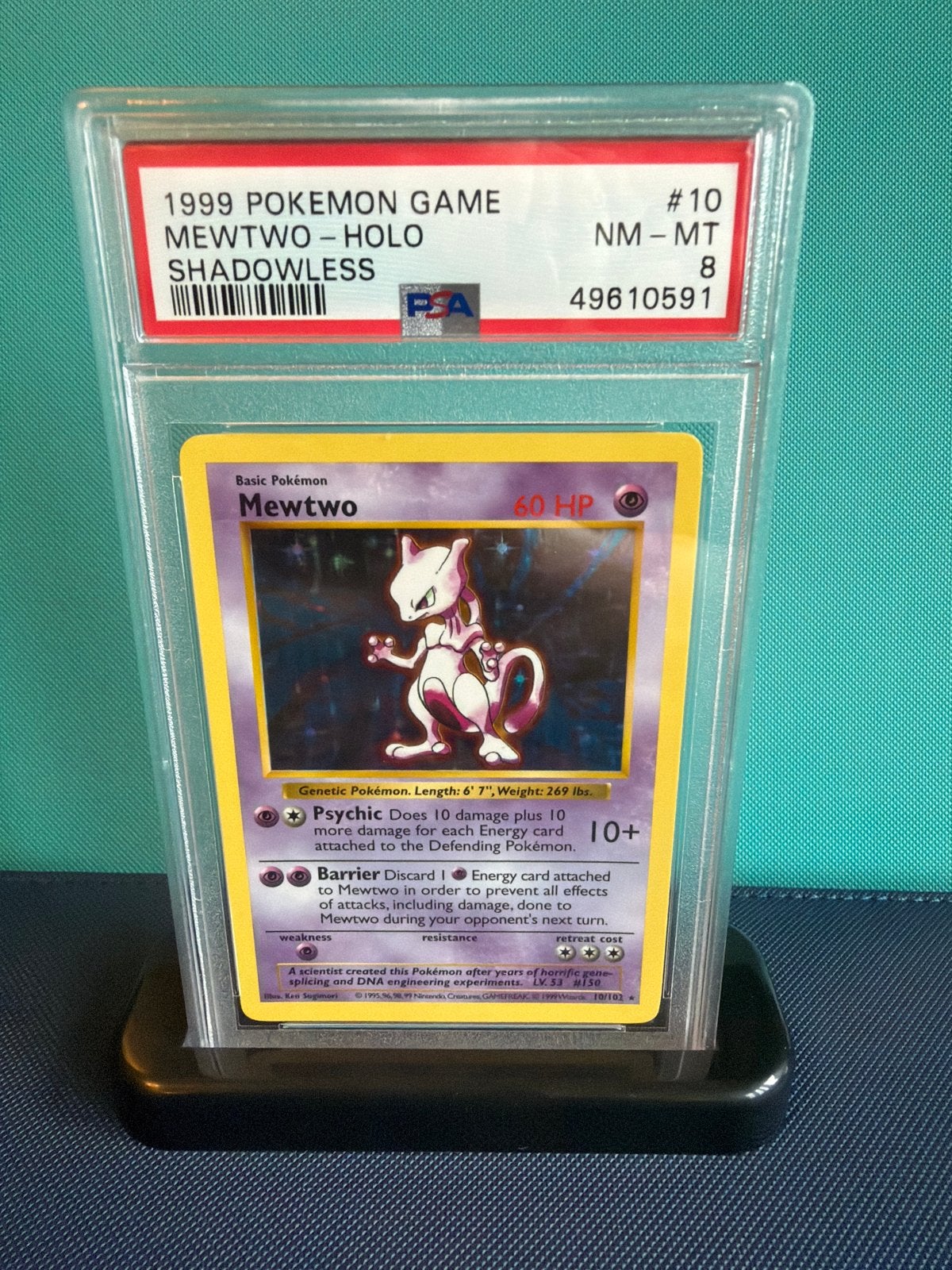 Mewtwo 10/102 HOLO Shadowless PSA 8 - 1999 Pokémon Game, Ophalen of Verzenden, Zo goed als nieuw, Losse kaart, Foil