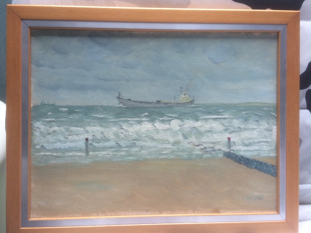 Schip op de zee olieverfschilderij 46 x 36 cm (lijst 3 cm), Antiek en Kunst, Kunst | Schilderijen | Klassiek, Maritiem / water