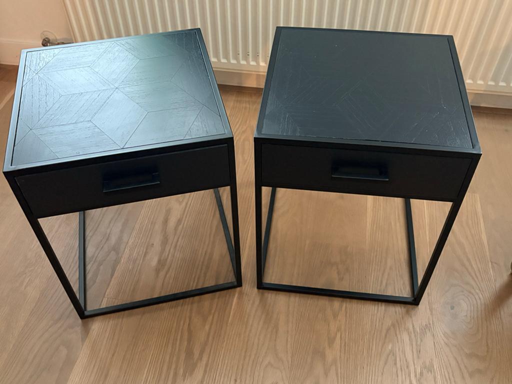 Set van 2 zwarte bijzettafels met lade, Huis en Inrichting, Tafels | Bijzettafels, 45 tot 60 cm, Minder dan 55 cm, Vierkant, Ophalen of Verzenden