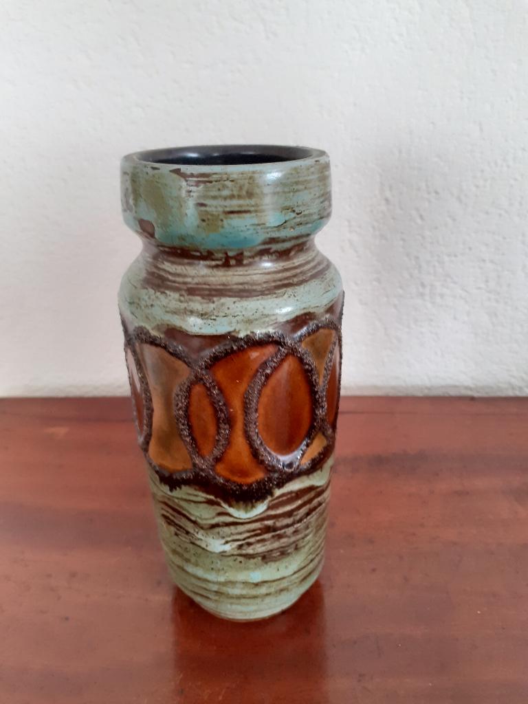 Vintage keramische vaas jaren 70 warme kleuren ringenrand, Ophalen of Verzenden