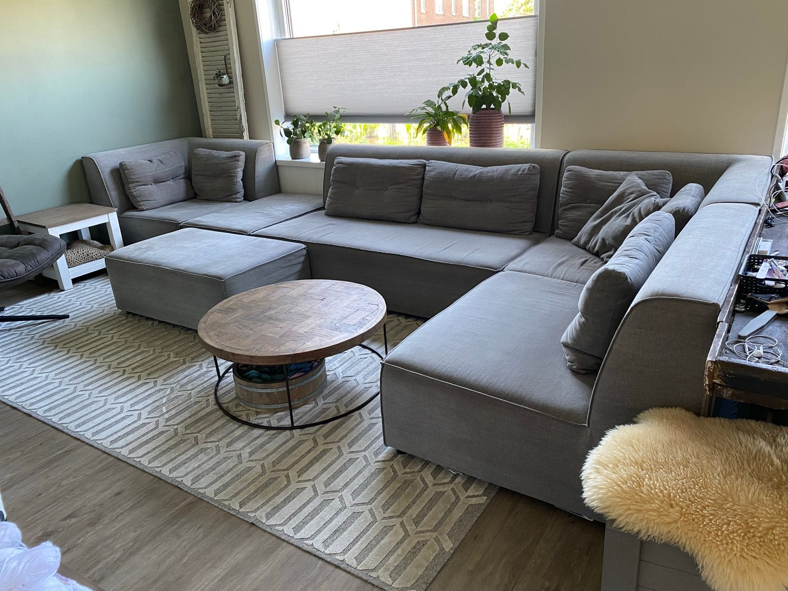 Grote modulaire bank - Grijs stoffen loungebank, Huis en Inrichting, Ophalen, Zo goed als nieuw, Stof