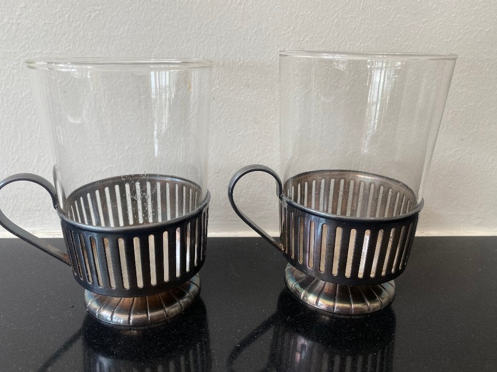 2x Vintage Douwe Egberts theeglazen | verzilverde voet, Ophalen of Verzenden, Zo goed als nieuw, Overige typen