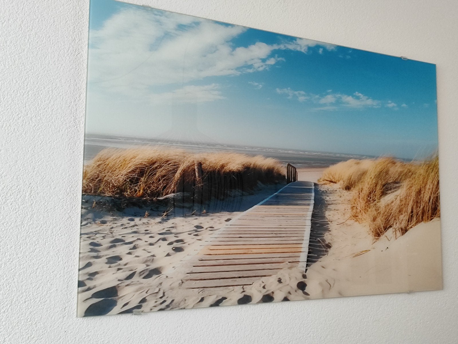 Glasschilderij "Duinen", 80x120cm. gekocht bij Loods 5, Ophalen, Zo goed als nieuw, 100 tot 125 cm, Foto of Poster