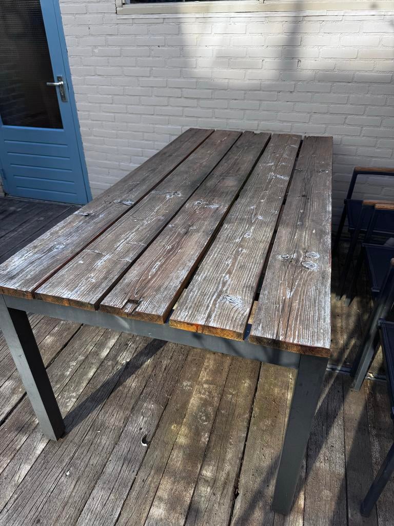 Tuintafel met steigerplanken blad, Tuin en Terras, Tuintafels, Ophalen, Gebruikt, Rechthoekig, Hout