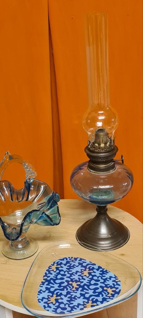 Prachtige blauwe olielamp met bijpassende schalen, Antiek en Kunst, Ophalen of Verzenden