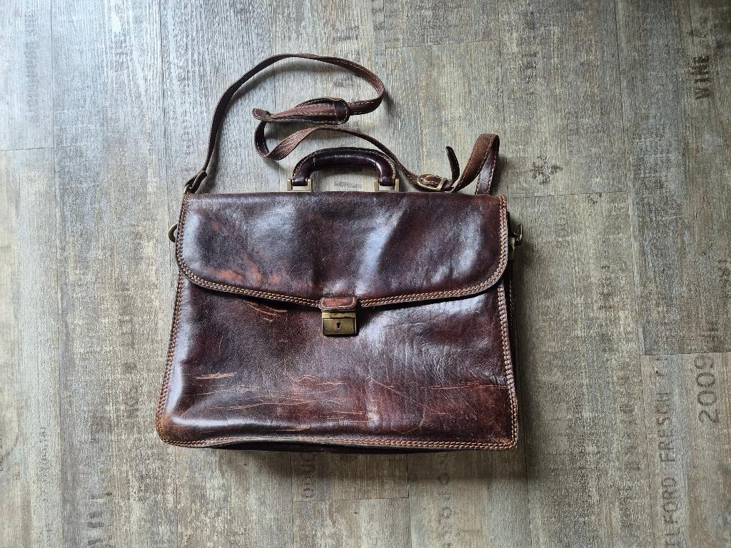 bruin leren aktetas werktas boekentas schooltas, 30 cm of meer, Gebruikt, Bruin, Minder dan 40 cm
