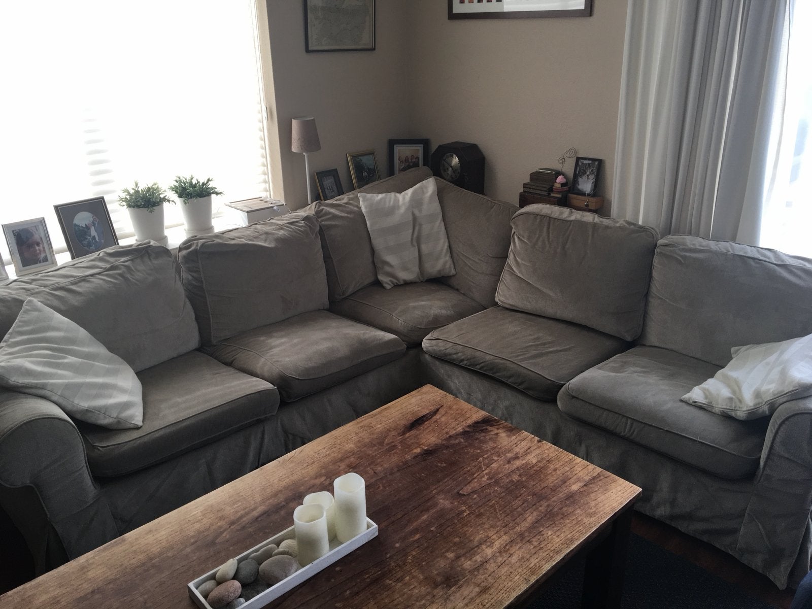 Ikea Ektorp Hoekbank beige velours, Ophalen, 250 tot 300 cm, Gebruikt, Hoekbank