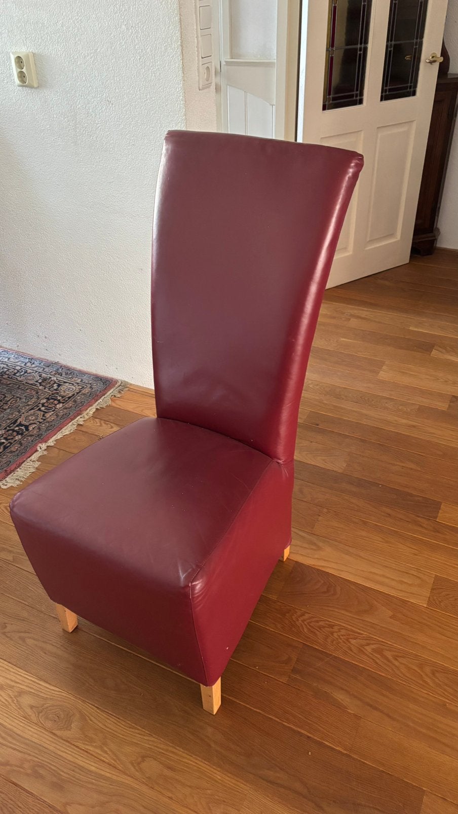 6 leren bordeaux rode eetkamer stoelen, Huis en Inrichting, Fauteuils, Ophalen, Gebruikt, 50 tot 75 cm